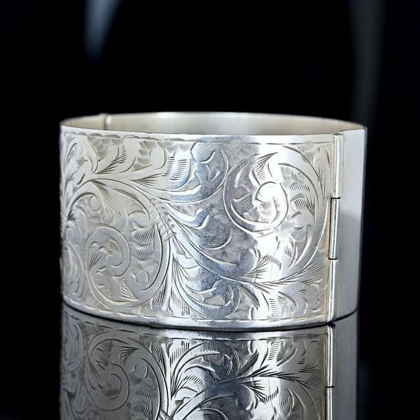 Antique Sterling Silver Floral Engraved Bangle Bracelet