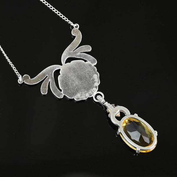 Art Deco Diamond Paste Flower Citrine Pendant Necklace - Boylerpf