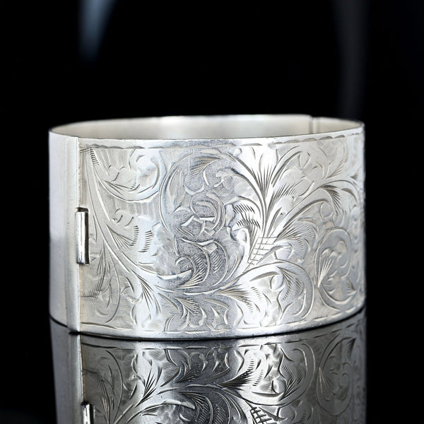 Antique Sterling Silver Floral Engraved Bangle Bracelet