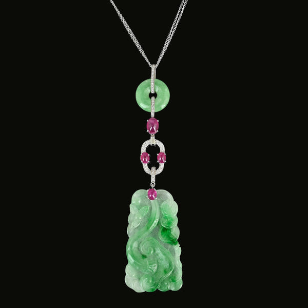 Art Deco Jadeite Jade Ruby Diamond Platinum Pendant Necklace