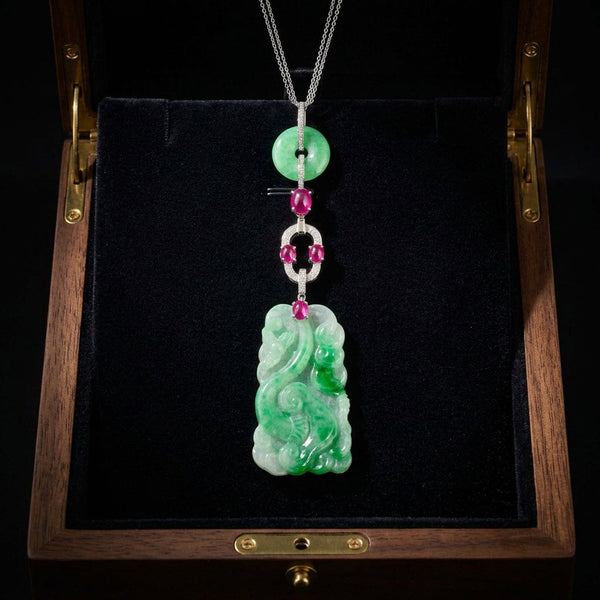 Art Deco Jadeite Jade Ruby Diamond Platinum Pendant Necklace