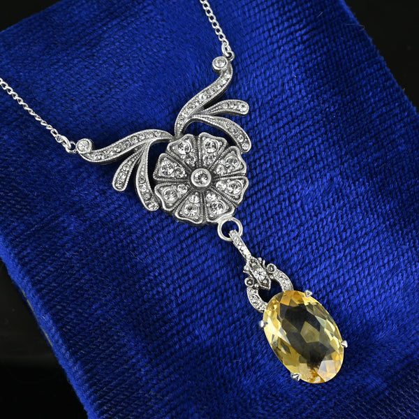 Art Deco Diamond Paste Flower Citrine Pendant Necklace - Boylerpf