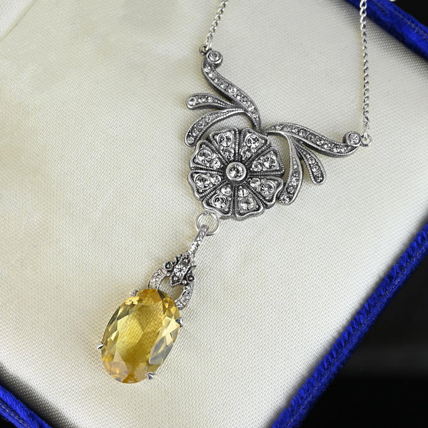 Art Deco Diamond Paste Flower Citrine Pendant Necklace - Boylerpf