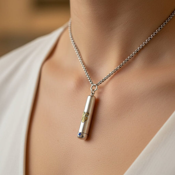 Antique Dutch Sterling Silver Etui Pendant, Sapphire & 14K Gold