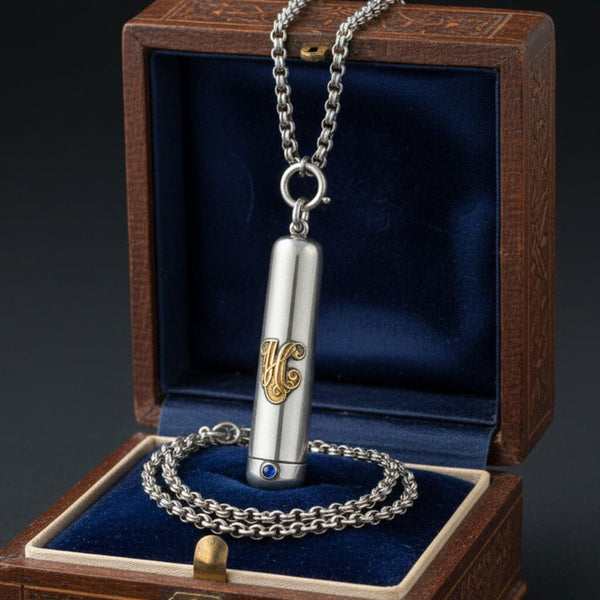 Antique Dutch Sterling Silver Etui Pendant, Sapphire & 14K Gold