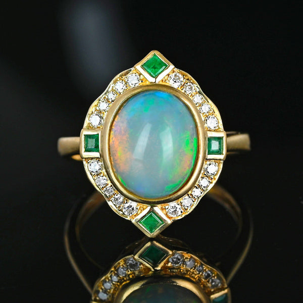 Vintage 14K Gold Diamond Halo Emerald Opal Ring