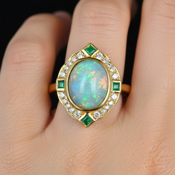 Vintage 14K Gold Diamond Halo Emerald Opal Ring
