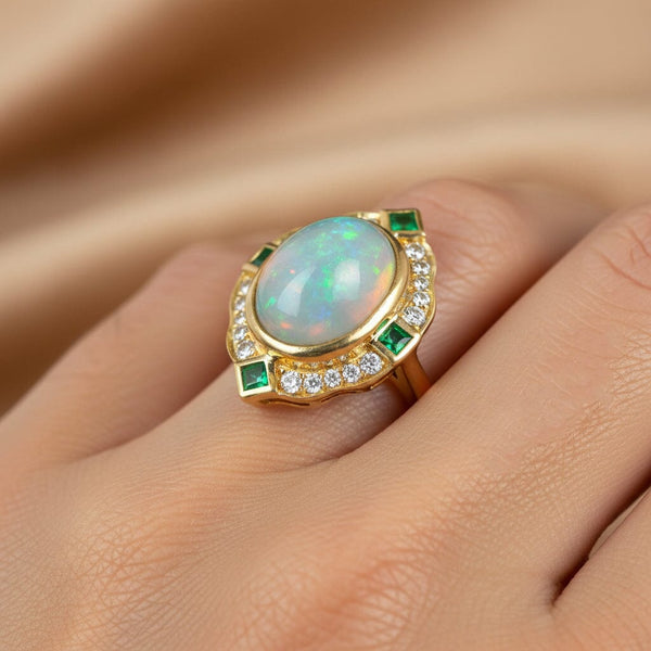 Vintage 14K Gold Diamond Halo Emerald Opal Ring