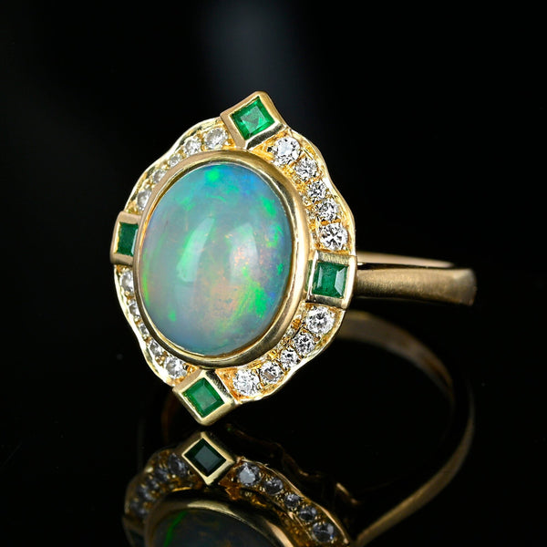 Vintage 14K Gold Diamond Halo Emerald Opal Ring