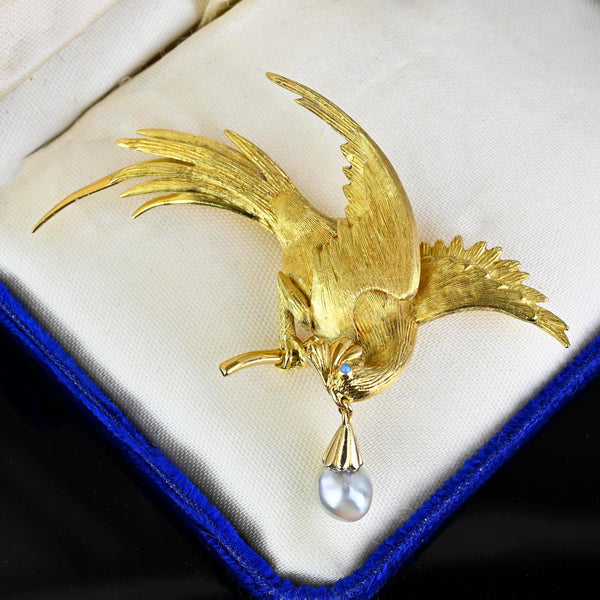 Exquisite French 18K Gold Bird of Paradise Brooch, Opal & Pearl