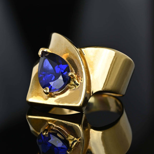 Modernist Wide Gold Cross Over Band Sapphire Ring - Boylerpf
