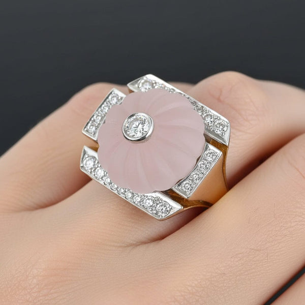 Vintage Rose Quartz Diamond 14K Gold Cocktail Ring, 15.9 grams - Boylerpf