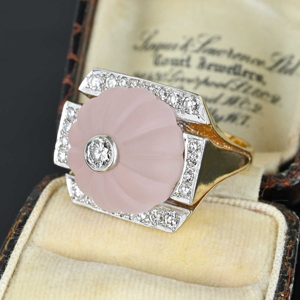 Vintage Melon Rose Quartz Diamond Ring in 14K Gold - Boylerpf
