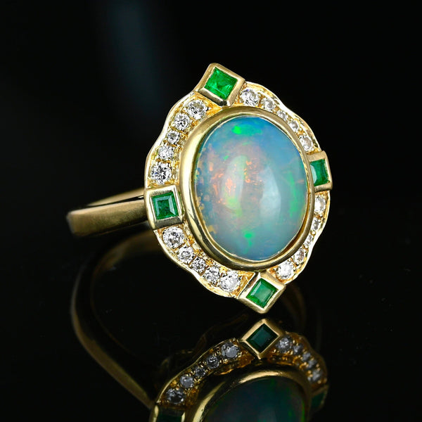 Vintage 14K Gold Diamond Halo Emerald Opal Ring