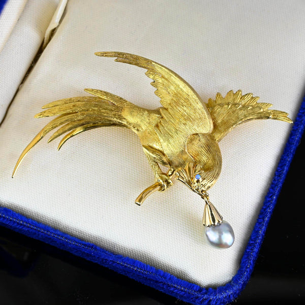 Exquisite French 18K Gold Bird of Paradise Brooch, Opal & Pearl