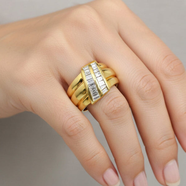Vintage 18K Gold Baguette Diamond Wide Band Ring