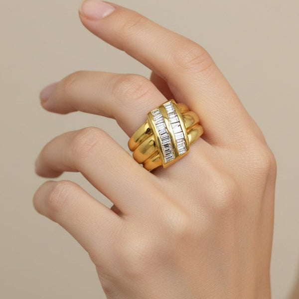 Vintage 18K Gold Baguette Diamond Wide Band Ring