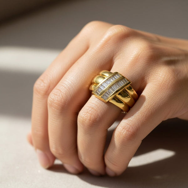 Vintage 18K Gold Baguette Diamond Wide Band Ring