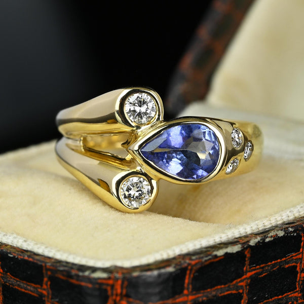 Fine Diamond Pear Cut Tanzanite Modernist Ring in 14K Gold - Boylerpf