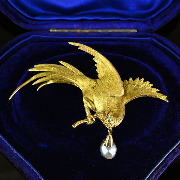 Exquisite French 18K Gold Bird of Paradise Brooch, Opal & Pearl