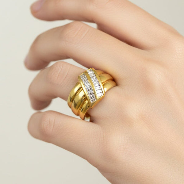 Vintage 18K Gold Baguette Diamond Wide Band Ring