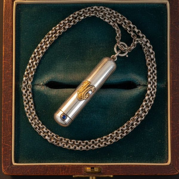 Antique Dutch Sterling Silver Etui Pendant, Sapphire & 14K Gold