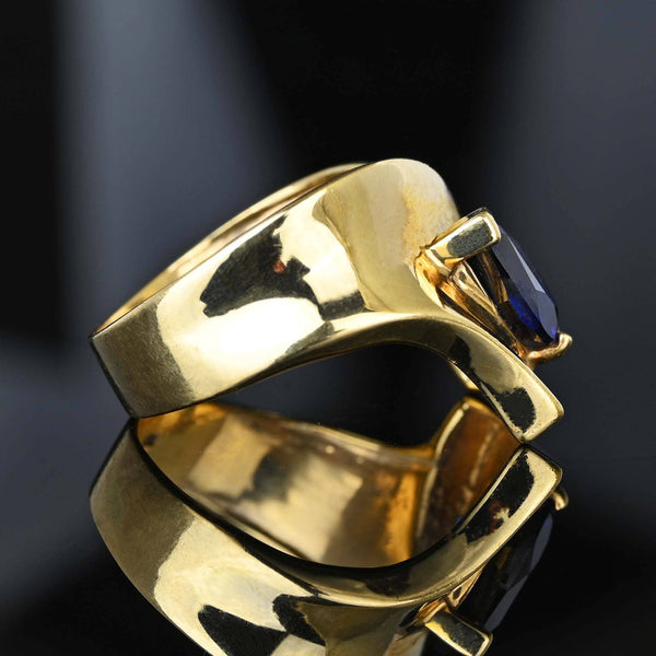 Modernist Wide Gold Cross Over Band Sapphire Ring - Boylerpf