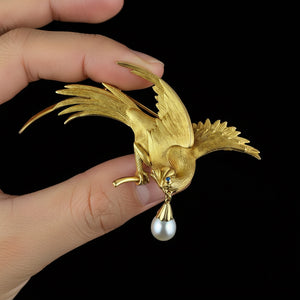 Vintage French 18K Gold Bird of Paradise Brooch, Opal & Pearl - Boylerpf