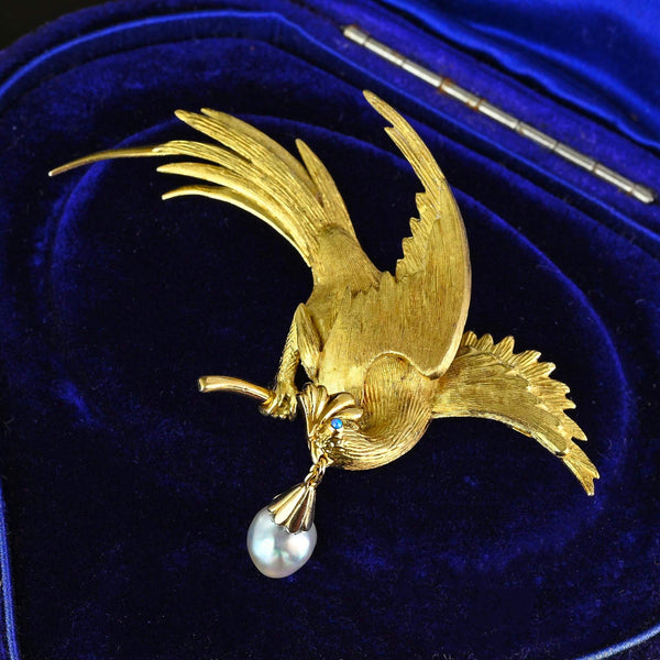 Exquisite French 18K Gold Bird of Paradise Brooch, Opal & Pearl