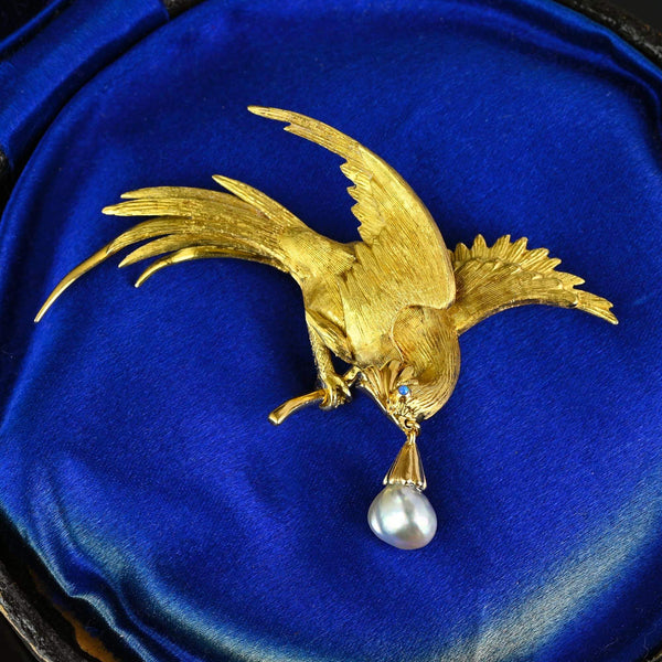 Exquisite French 18K Gold Bird of Paradise Brooch, Opal & Pearl