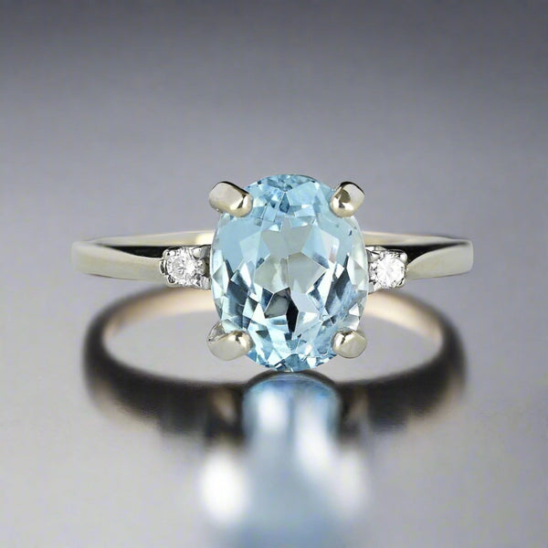 Vintage Diamond Accent Aquamarine Solitaire Ring in White Gold - Boylerpf