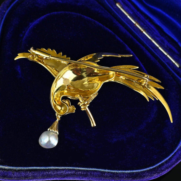 Exquisite French 18K Gold Bird of Paradise Brooch, Opal & Pearl