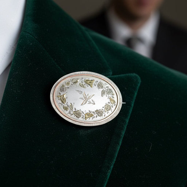 Victorian Gold on Silver Floral Brooch, Antique Oval Pin