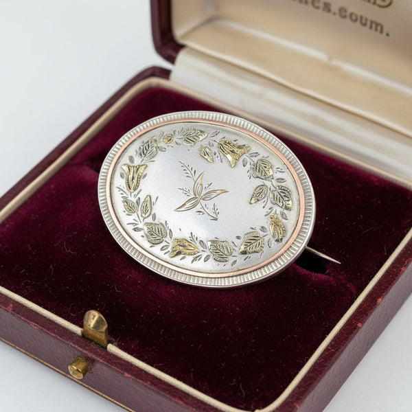 Victorian Gold on Silver Floral Brooch, Antique Oval Pin