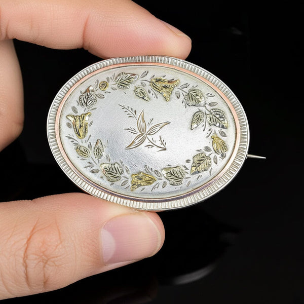 Victorian Gold on Silver Floral Brooch, Antique Oval Pin