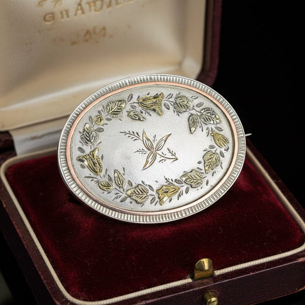 Victorian Gold on Silver Floral Brooch, Antique Oval Pin