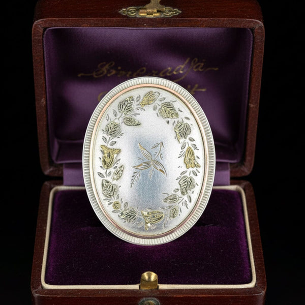 Victorian Gold on Silver Floral Brooch, Antique Oval Pin