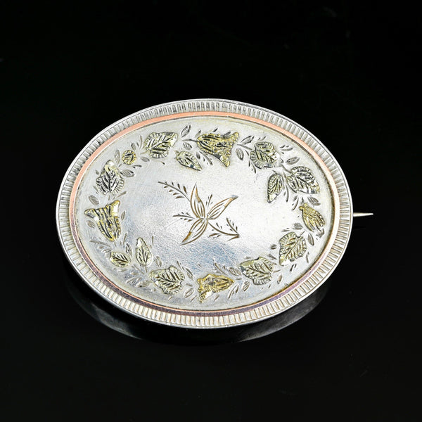 Victorian Gold on Silver Floral Brooch, Antique Oval Pin