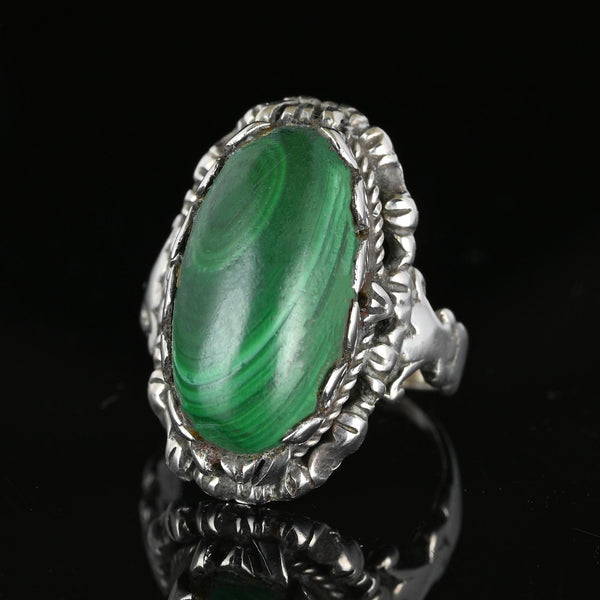 Antique Arts & Crafts Silver Cabochon Malachite Ring - Boylerpf