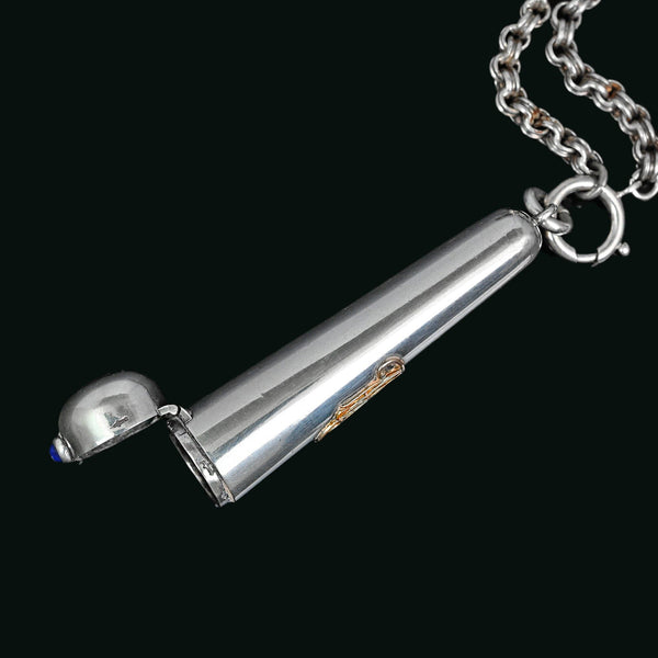 Antique Dutch Sterling Silver Etui Pendant, Sapphire & 14K Gold