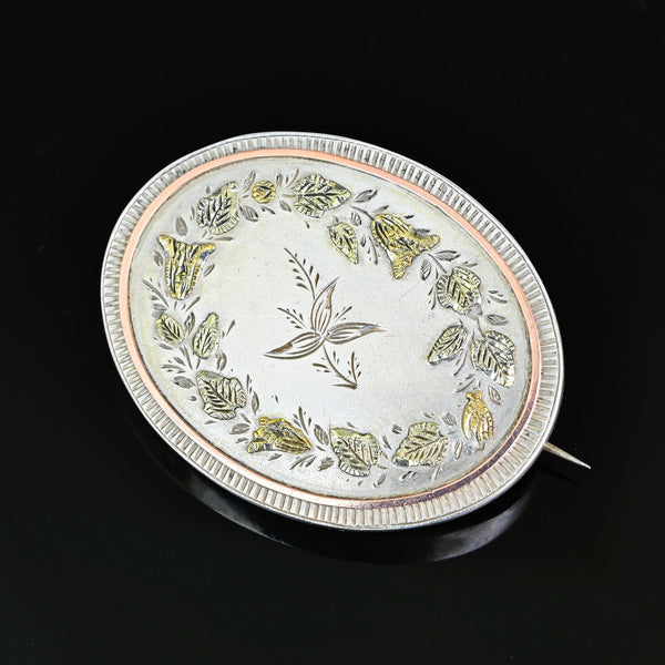 Victorian Gold on Silver Floral Brooch, Antique Oval Pin
