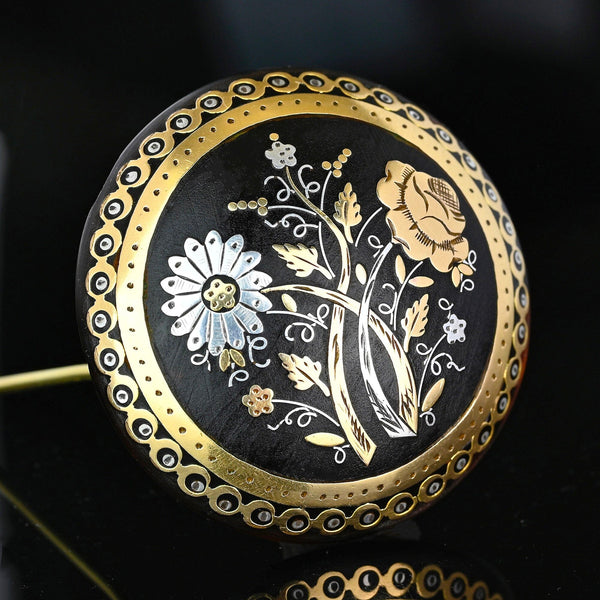 Antique Victorian 9K Gold & Silver Tortoise Shell Pique Brooch - Boylerpf
