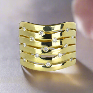 Wide 14K Gold Chevron Wave Diamond Ring Band - Boylerpf