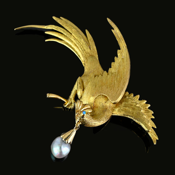 Exquisite French 18K Gold Bird of Paradise Brooch, Opal & Pearl