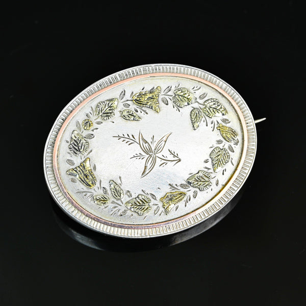 Victorian Gold on Silver Floral Brooch, Antique Oval Pin