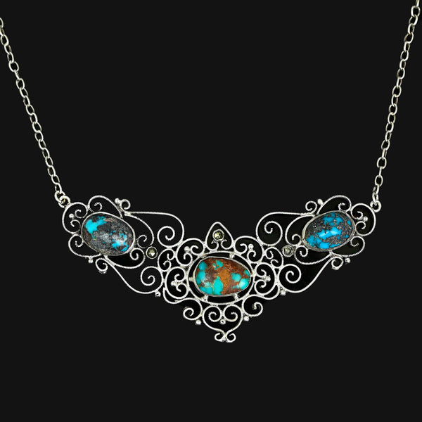 Antique Edwardian Turquoise Marcasite Sterling Silver Necklace