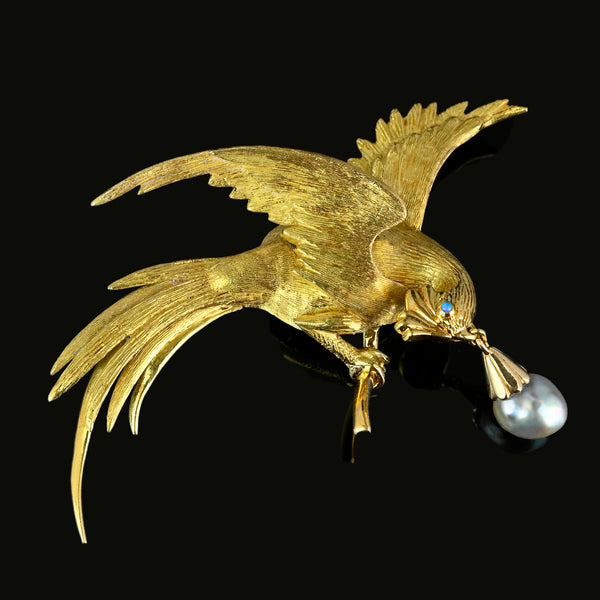 Exquisite French 18K Gold Bird of Paradise Brooch, Opal & Pearl