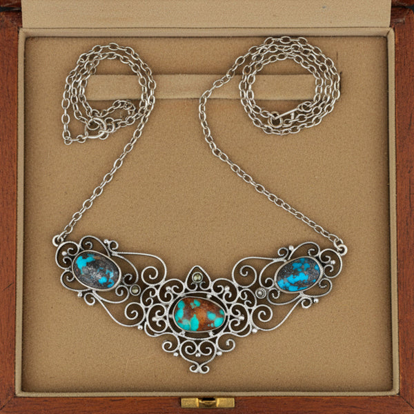 Antique Edwardian Turquoise Marcasite Sterling Silver Necklace