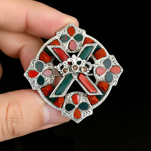 Antique 1868 Victorian Scottish Agate Brooch with Citrine Crown - Boylerpf