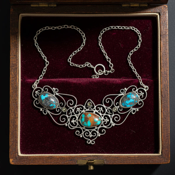 Antique Edwardian Turquoise Marcasite Sterling Silver Necklace